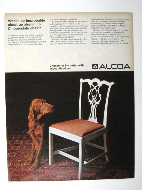 Alcoa Aluminum Chippendale Chair Vintage 1960s Print Ad Dog Rug MOD